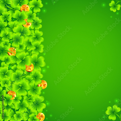 Illustration: Green clovers background with golden coins Green clovers background with golden coins