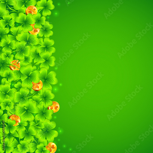Vector: Green clovers background with golden coins Green clovers background with golden coins