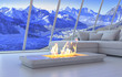 White 3D interior room with fireplace and mountain range view