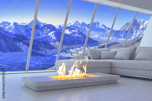 Illustration: White 3D interior room with fireplace and mountain range view White 3D interior room with fireplace and mountain range view