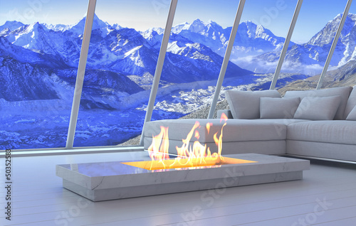 Illustration: White 3D interior room with fireplace and mountain range view White 3D interior room with fireplace and mountain range view