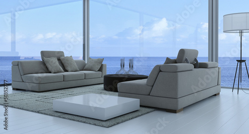Illustration: 3D Living Room Interior with seascape view 3D Living Room Interior with seascape view