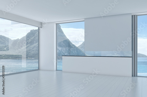 Illustration: Empty 3d modern loft interior with sea / ocean view Empty 3d modern loft interior with sea / ocean view