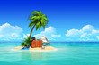 Tropical island with palms, chaise lounge, suitcase.
