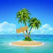 Wooden signpost on tropical island with palms.