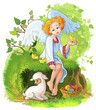 Cute angel girl with Easter basket, chickens and lamb