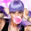 Beauty Stylish Party Girl. Purple Wig and Bubble Gum