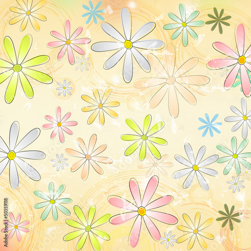 Illustration: spring daisy flowers over beige old paper background with circle spring daisy flowers over beige old paper background with circle