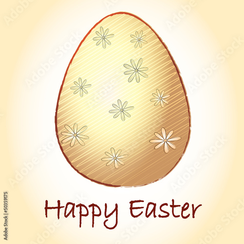 Illustration: Happy Easter and striped beige egg with flowers Happy Easter and striped beige egg with flowers