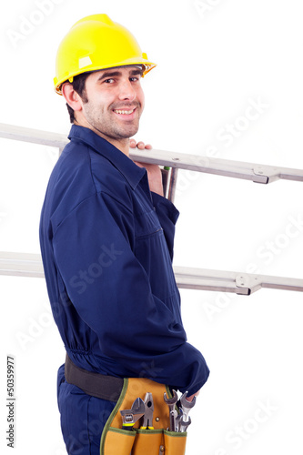 Photo: Portrait of a happy worker holding a ladder, isolated on white Portrait of a happy worker holding a ladder, isolated on white