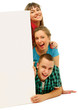 Group of happy young people look out from