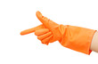 hand with orange glove pointing hand to something