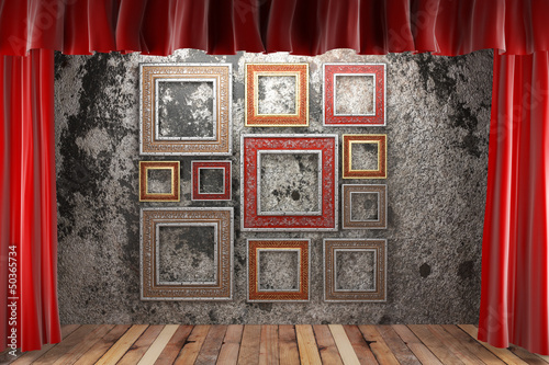 Illustration: red fabric curtain with frames red fabric curtain with frames