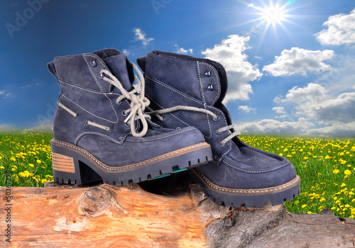 Photo: Wanderschuhe Frühling Wiese Baumstamm Wanderschuhe Frühling Wiese Baumstamm