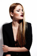 sexy stylish model in black cloth with bright makeup