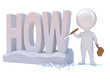 Little man carves the word "HOW" in stone