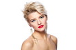 sexy blond model with red lips,bright makeup, with short hair