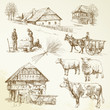 hand drawn set - rural landscape, village, farm animals