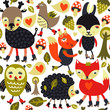 Colorful seamless pattern with woodland animals and birds