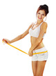 happy woman measures her waist l