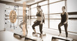 Women workout with orange interface showing them how to do