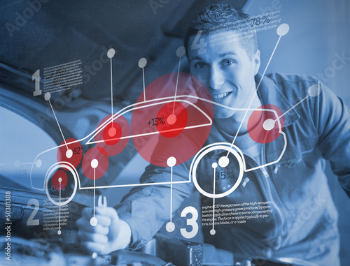 Illustration: Mechanic reparing car while consulting futuristic interface Mechanic reparing car while consulting futuristic interface