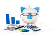 Piggy bank wearing glasses with accountancy paperwork
