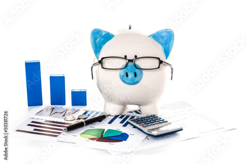 Photo: Piggy bank wearing glasses with accountancy paperwork Piggy bank wearing glasses with accountancy paperwork