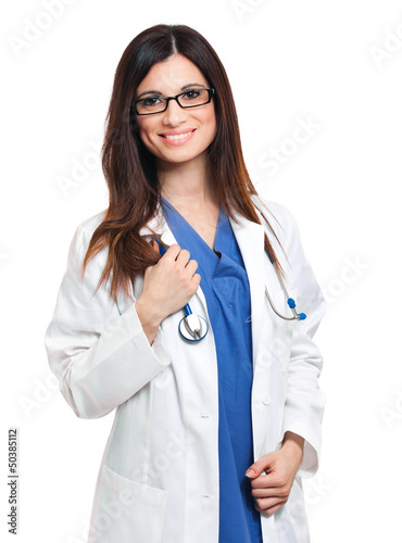 Photo: Smiling female doctor isolated on white Smiling female doctor isolated on white