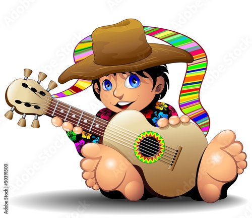 Vector: Hippy Boy Cartoon with Guitar-Ragazzo Hippie con chitarra Hippy Boy Cartoon with Guitar-Ragazzo Hippie con chitarra