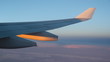 Passenger jet in flight. Detail of wing. Purple and gold light.