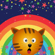 Cat in the night sky with rainbow