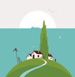 seascape with the countryside and poplar trees on the hill