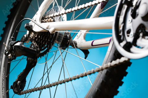 Photo: Rear mountain bike cassette on the wheel with chain Rear mountain bike cassette on the wheel with chain