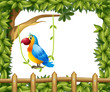 A parrot hanging in a vine plant near the wooden fence