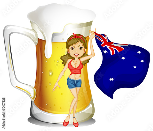 Vector: A girl with the flag of Australia in front of the big mug of bee A girl with the flag of Australia in front of the big mug of bee