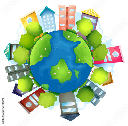 Vector: The earth with the man-made buildings and the natural resources The earth with the man-made buildings and the natural resources