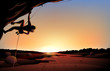A sunset view of the desert with a man climbing at the tree