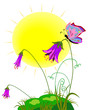 Painted meadow with the sun, flowers and butterflies