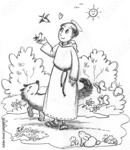 Illustration: Coloring image of Saint Francis with wild animals Coloring image of Saint Francis with wild animals