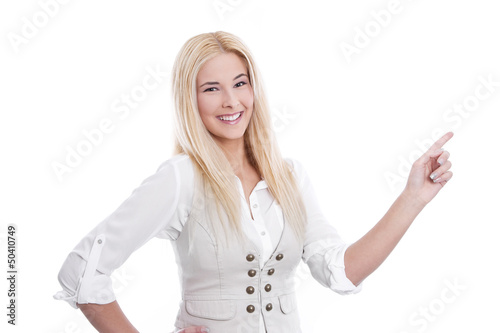 Photo: Junge Dame verkauft etwas - Zeigefinger Junge Dame verkauft etwas - Zeigefinger