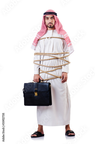 Photo: Arab man tied up with rope on white Arab man tied up with rope on white