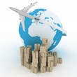 Illustration: airliner with globe with boxes on white. airliner with globe with boxes on white.