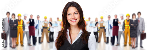 Photo: Business woman and group of workers people. Business woman and group of workers people.
