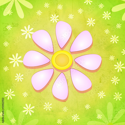 Illustration: spring pink flower over green background with white flowers spring pink flower over green background with white flowers