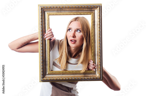 Photo: Woman with picture frame on white Woman with picture frame on white