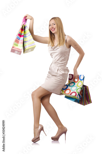 Photo: Tall girl after good shopping on white Tall girl after good shopping on white
