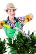 Woman gardener with shears on white