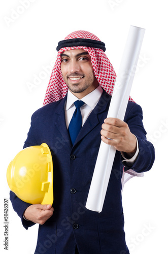 Photo: Arab engineer with drawings on white Arab engineer with drawings on white