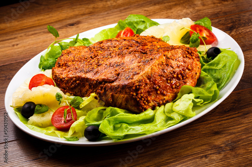 Photo: Raw, marinated pork and vegetables Raw, marinated pork and vegetables